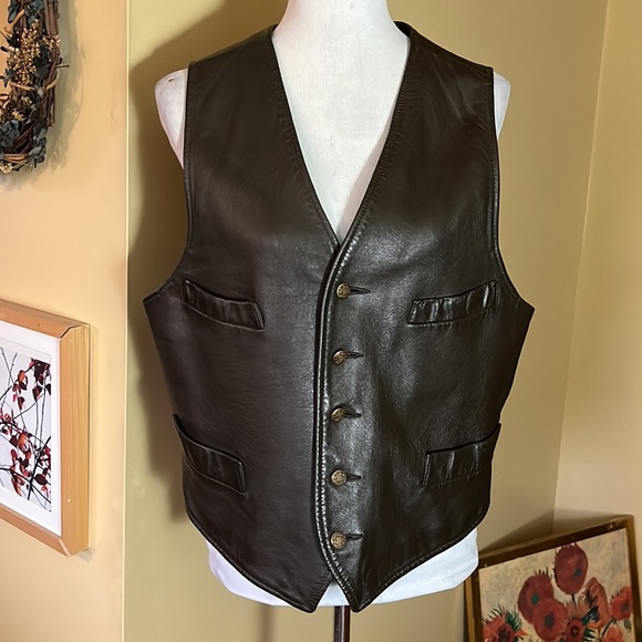 Vintage Suits & Blazers Vintage 8s Leather Vest Size 44 Deep Brown